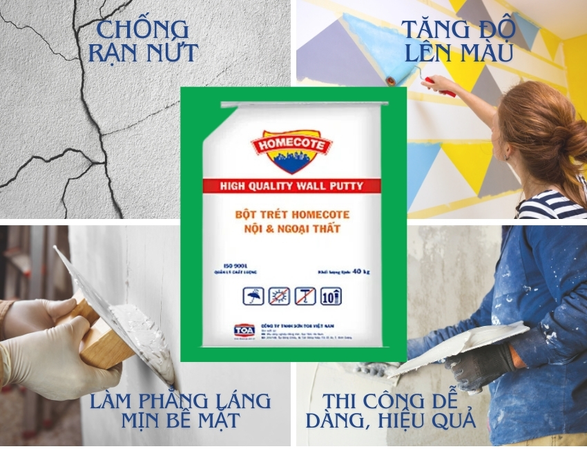 Bột bả TOA dễ thi công, bám dính tốt và cho bề mặt mịn đẹp, phù hợp cả trong nhà lẫn ngoài trời.